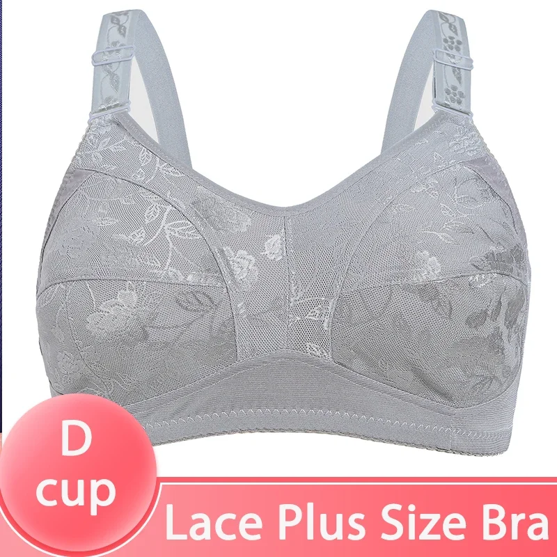 Black Big Women Bras Plus Size Lace Bra For Women Unlined Full Coverage  Thin Wireless Adjusted-straps D Cup Comfort Women\'Bras