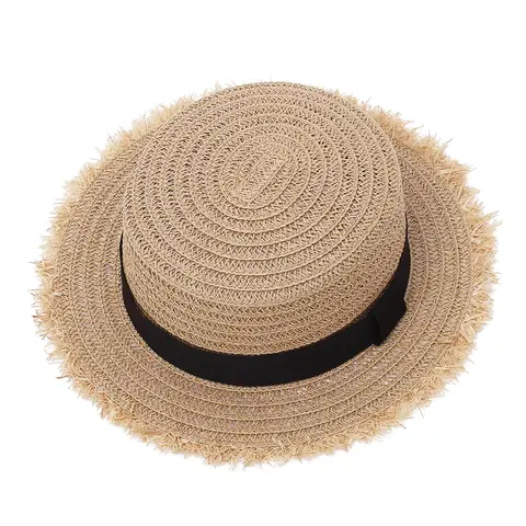Children Wide Brim Straw Hat UV Protection Flat Top Sun Hat with Band Beach Sun Hat for Kids Girls