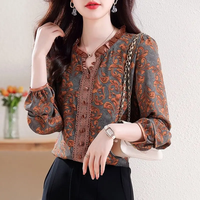 Women Korean Fashion Vintage Print Ruffle Blouse Elegant Chic Lace Patchwork Shirts Casual V Neck Long Sleeve Loose Tops Blusas