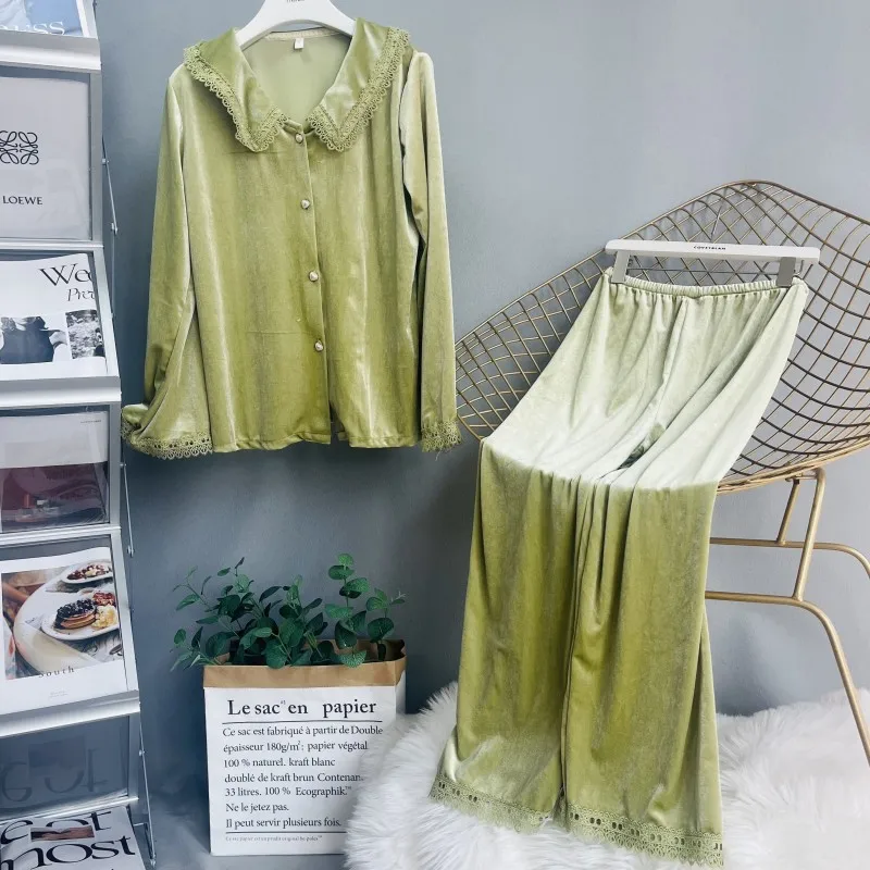 

2023 New Autumn Velvet Sleepwear Long Sleeve Pajamas Women Homewear Sexy Lace Lapel Collar Trousers Set Nightwear Loungewear