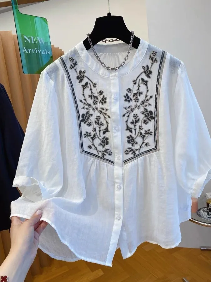 

Повседневный легкий свободный крой из хлопка и льна с вышивкой, круглый открытый кардиган Ne ort Sve для женщин больших размеров, лето