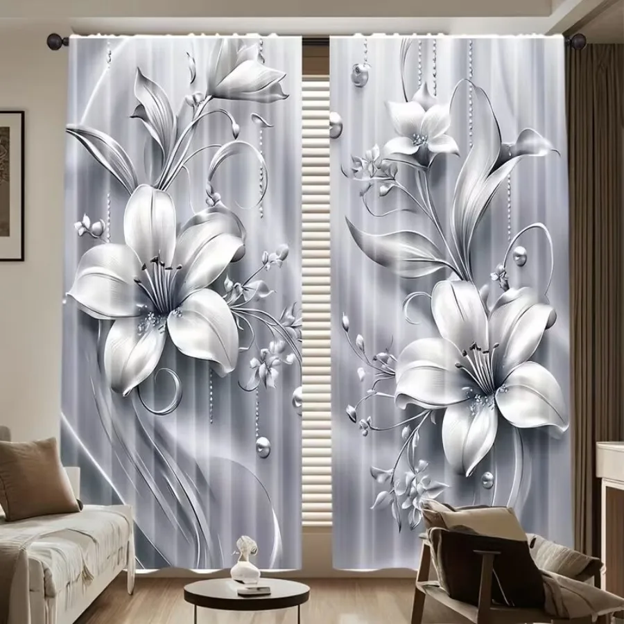2 PCS Gray Lily Curtains, Premium Minimalist Style Window Drapes for Living Room Bedroom Home Decor Polyester Rod Pocket Design