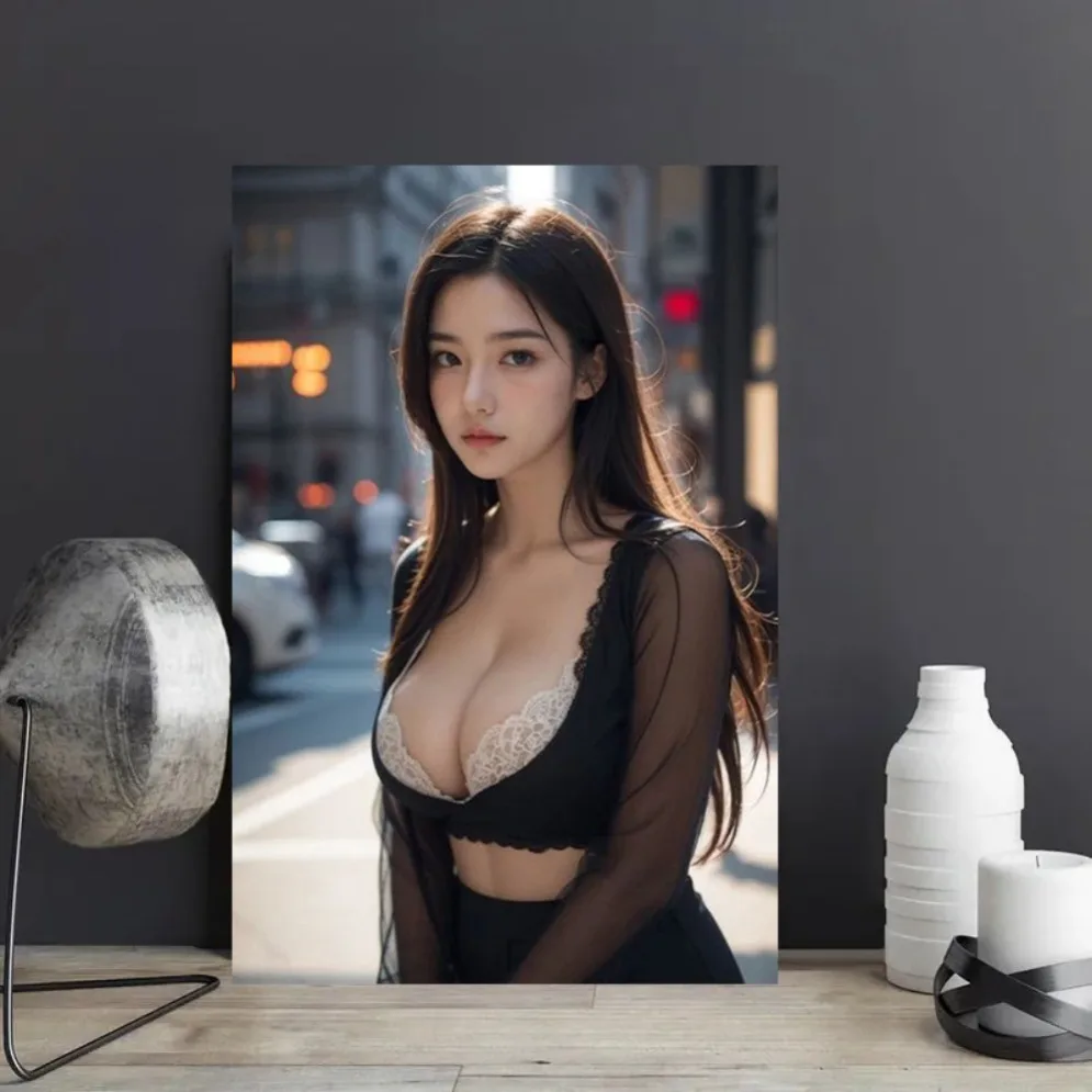 HD Metal Wall Art Asian City Street Sheer Lace Top Beauty Pin Up Girl Vintage Metal Tin Sign for Home Bar Decor