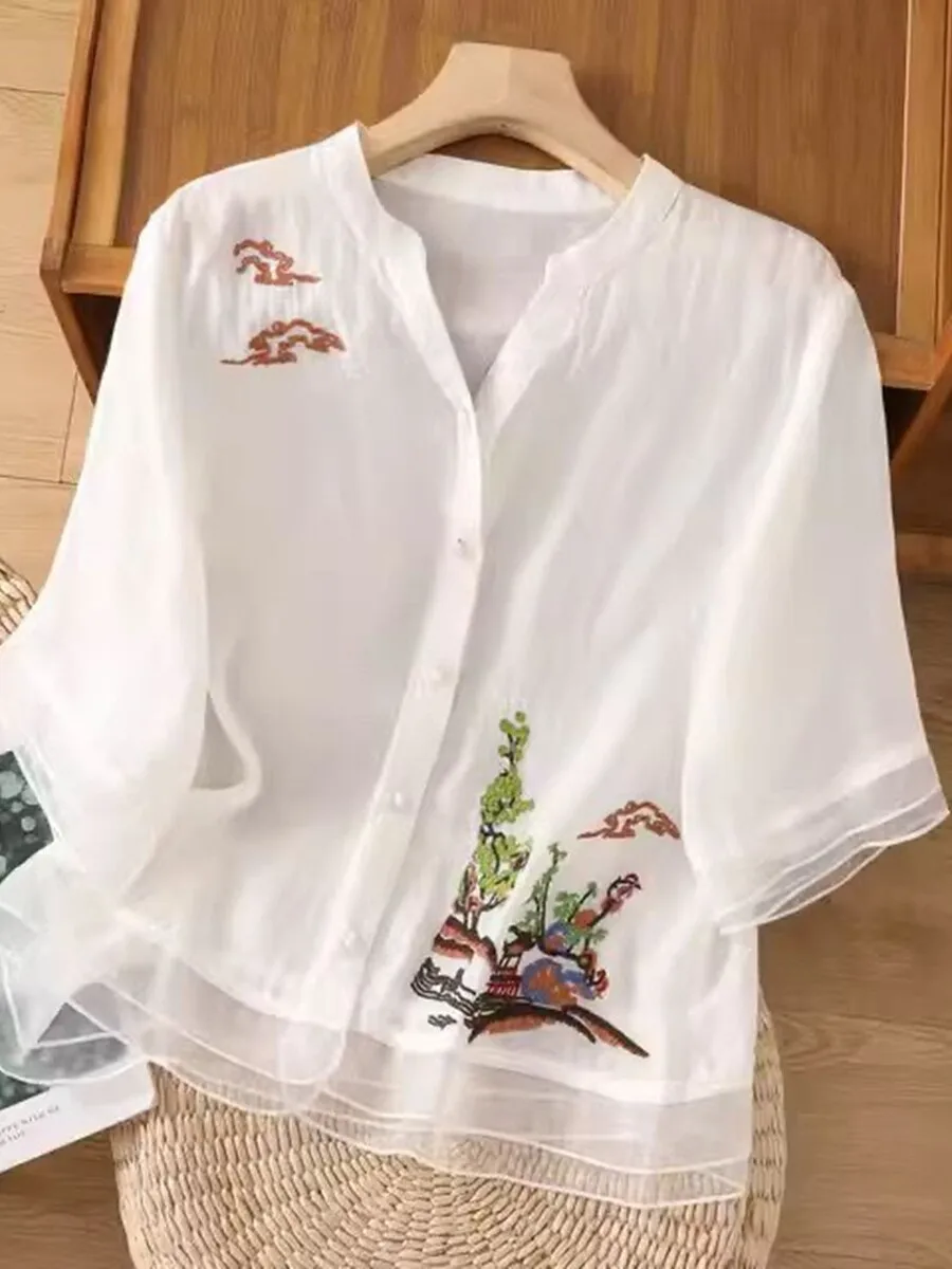 

Ele Cotton Linen Embroidered V-Ne Women's irt Summer 2026 New Sle Artistic Fre High-End Regular Fit Top