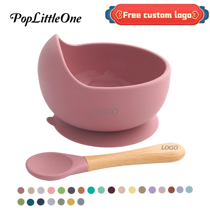 Customizable Logo Baby Silicone Bowl Food Grade Raw Materials BPA Free Strong Suction With Wooden Handle Spoon Soft Silicone