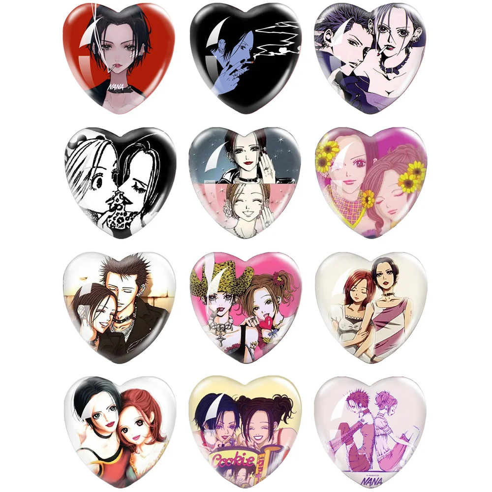 Japan Anime NANA 12pcs/set 16mm-40mm Heart Photo Glass Cabochon Demo Flat Back Making Findings Gifts For Kids Friends