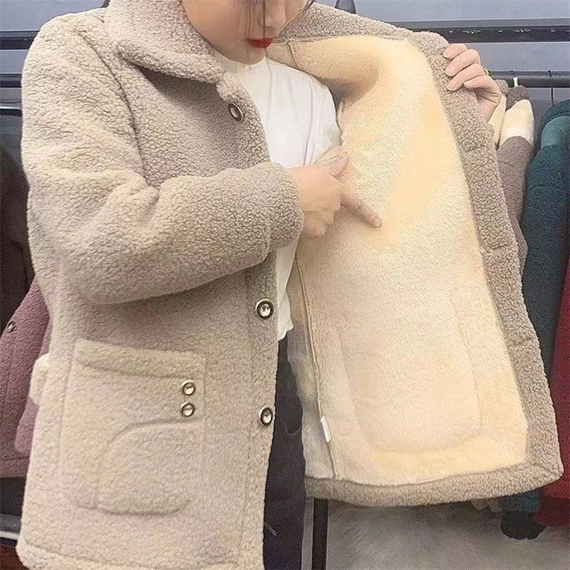 2022 New Winter Jacket Plus Velvet Thick Warm Coat Women Lamb Fur Coat Mid-Long Lady's Grain Velvet Loose Coat Female Jacket