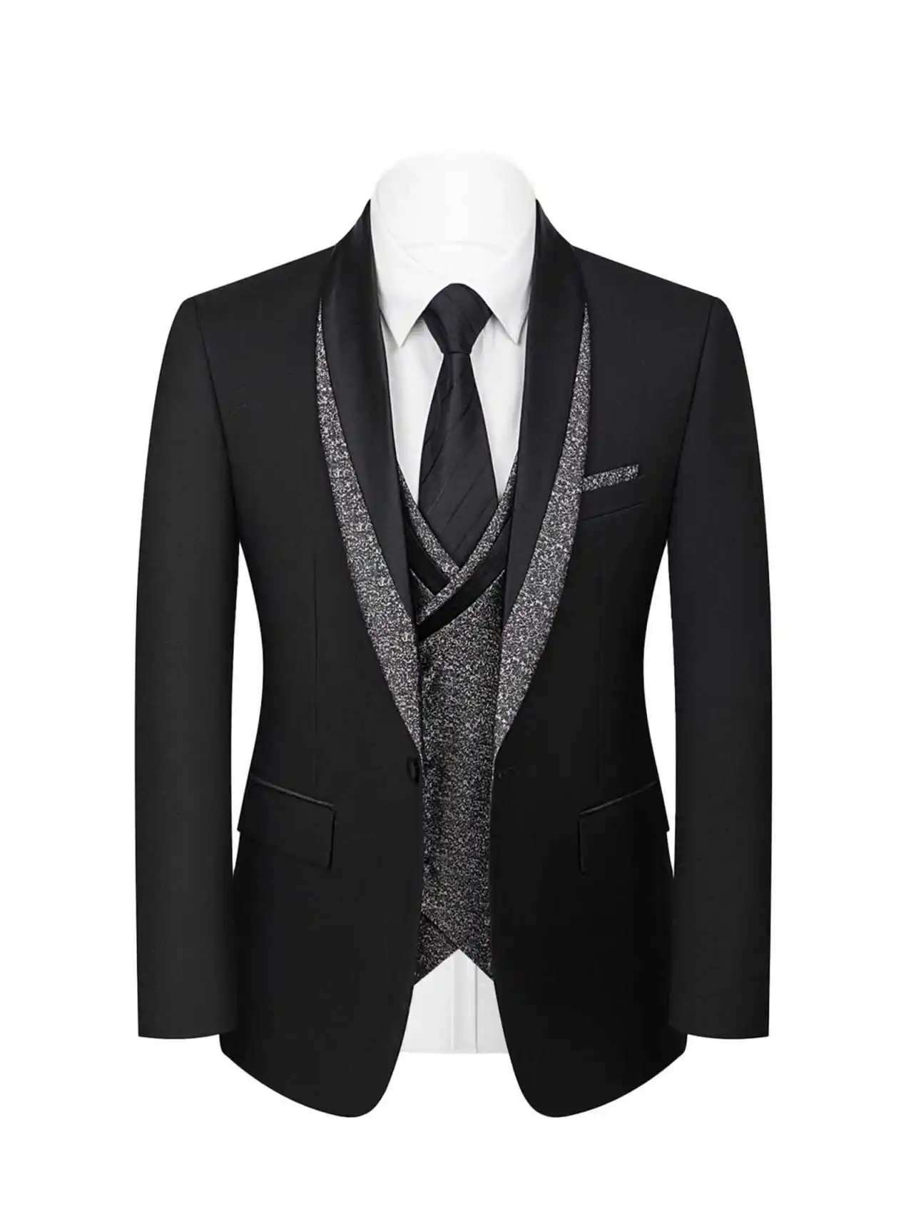 Jas Blazer Pria Tampan Model Tuxedo Kerah Syal Satu Kancing 3 Potong Potongan Klasik untuk Acara Bisnis Pakaian yang Dapat Disesuaikan