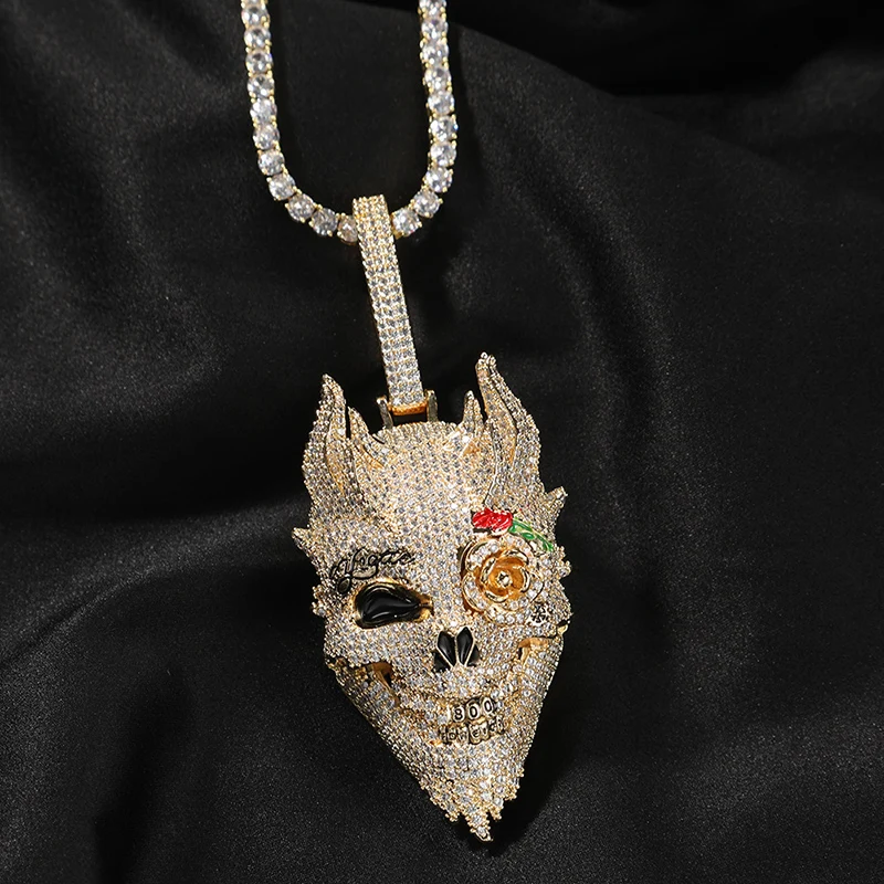 Hip Hop Claw Setting 3A+ CZ Stone Bling Iced Out Cool Rose Flower Dragon Skull Pendants Necklaces for Men Rapper Jewelry