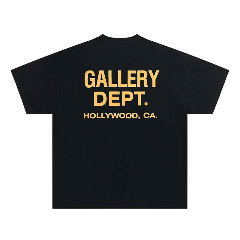 Men's GALLERY DEPT. T-Shirt Black Yellow Print HOLLYWOOD CA Oversized Cotton Streetwear Tee Summer Casual Short Sleeve Top