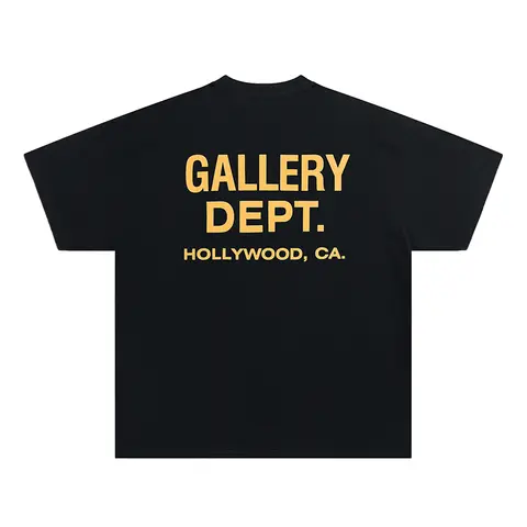 Men's GALLERY DEPT. T-Shirt Black Yellow Print HOLLYWOOD CA Oversized Cotton Streetwear Tee Summer Casual Short Sleeve Top
