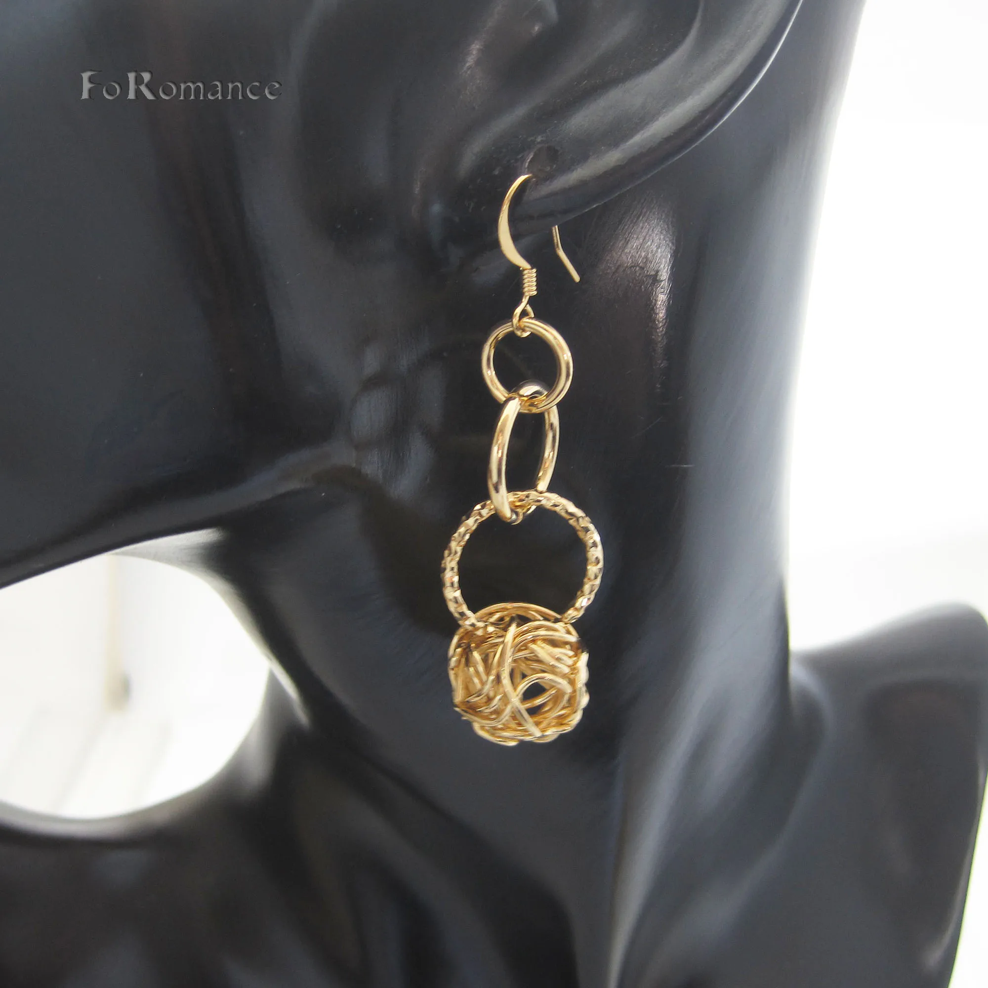 CIRCLES LINKED PLAIN AND STAR CARVED ROUND BALL CHARM DANGLER TALL 60 MM YELLOW GOLD PLATED DANGLE EARRING GREAT GIFT