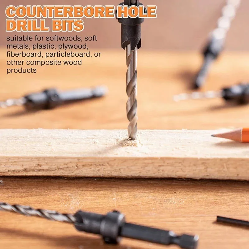 Countersink Brocas para Carpintaria, Piloto Contra Sinker Set, Hex Haste com Ponto Cônico, 5Pcs, 1/4"