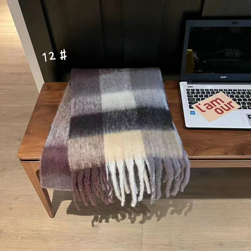 Patchwork Wool Scarf Women Luxury Winter Warm Long Tassel Shawls Wraps Soft Rainbow Stripe Plaid Blanket Pashmina Scarves Hijab