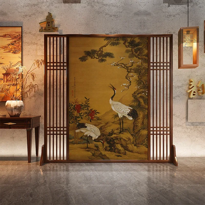 Song's aesthetics retro crane picture solid wood screen partition office blocking movable living room porch partition screen