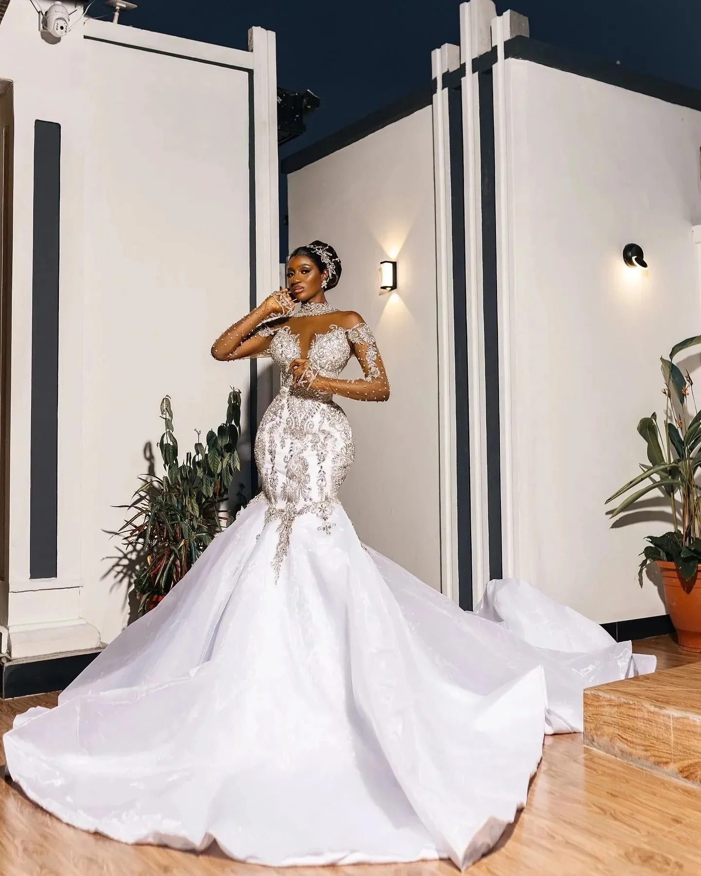 Customized New Plus Size African Mermaid Wedding Dress Bridal Gowns For Bride Illusion High Neck Long Sleeves Beaded Lace