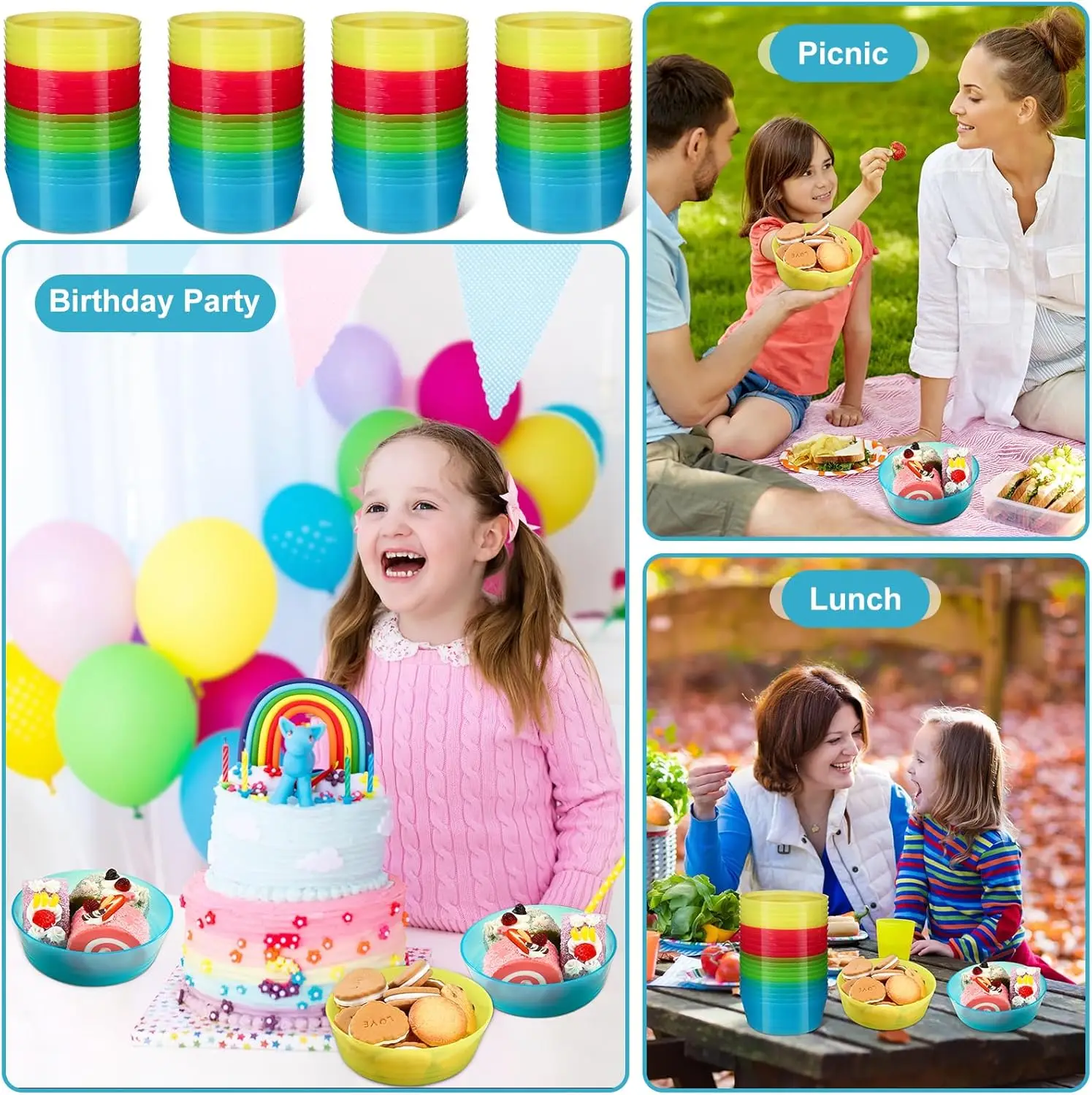 96 قطعة أطباق بلاستيكية للأطفال 14 أونصة أوعية حبوب صغيرة ملونة زاهية لغسالة الأطباق والميكروويف آمنة للأطفال الصغار أدوات مائدة للوجبات الخفيفة
