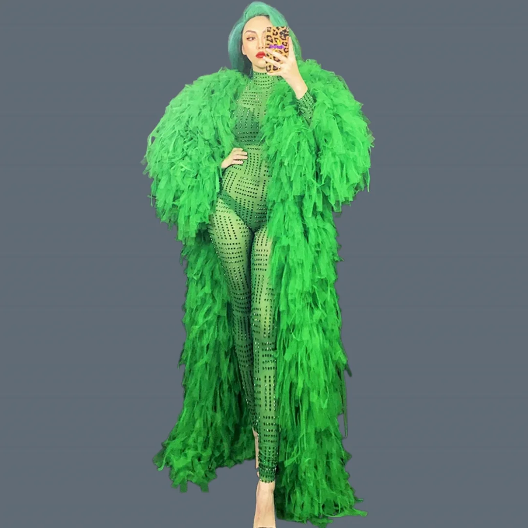 See Through Mesh Sparkly Green Rhinestone Jumpsuit Coat Suit Bar Club Stage Performance Wear Night Out Dress-up Outfit Lvchangku