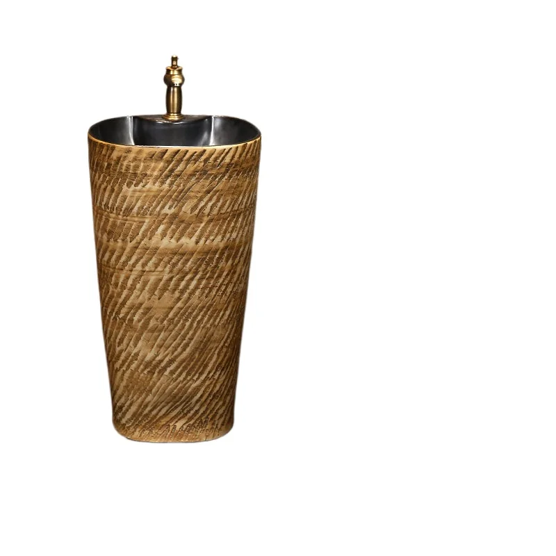 

Carved stone pattern ceramic column type wash basin integrated balcony vertical washbasin new Chinese style
