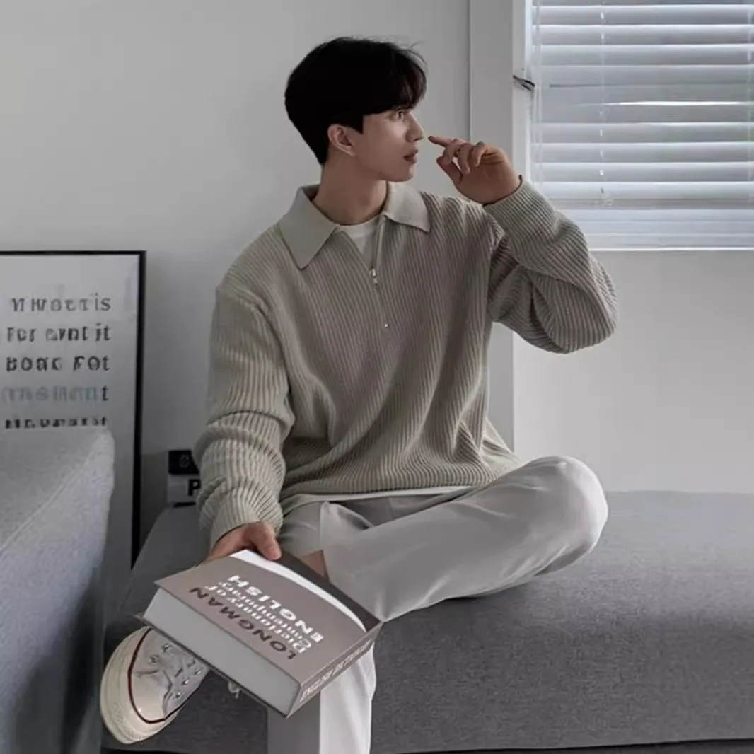 

Мужской теплый модный повседневный вязаный свитер с лацканами, свободный крой, удобный зимний пуловер из смеси полиэстера Thiened