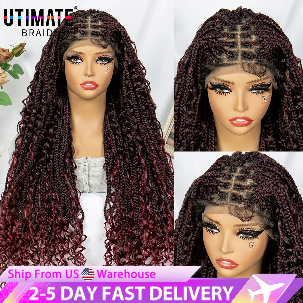 32 Inches Burgundy Synthetic Boho Braids Hair Lace Front Briaded Wigs for Women Synthetic Box Braiding Hair Wigs 99J Curly Hair