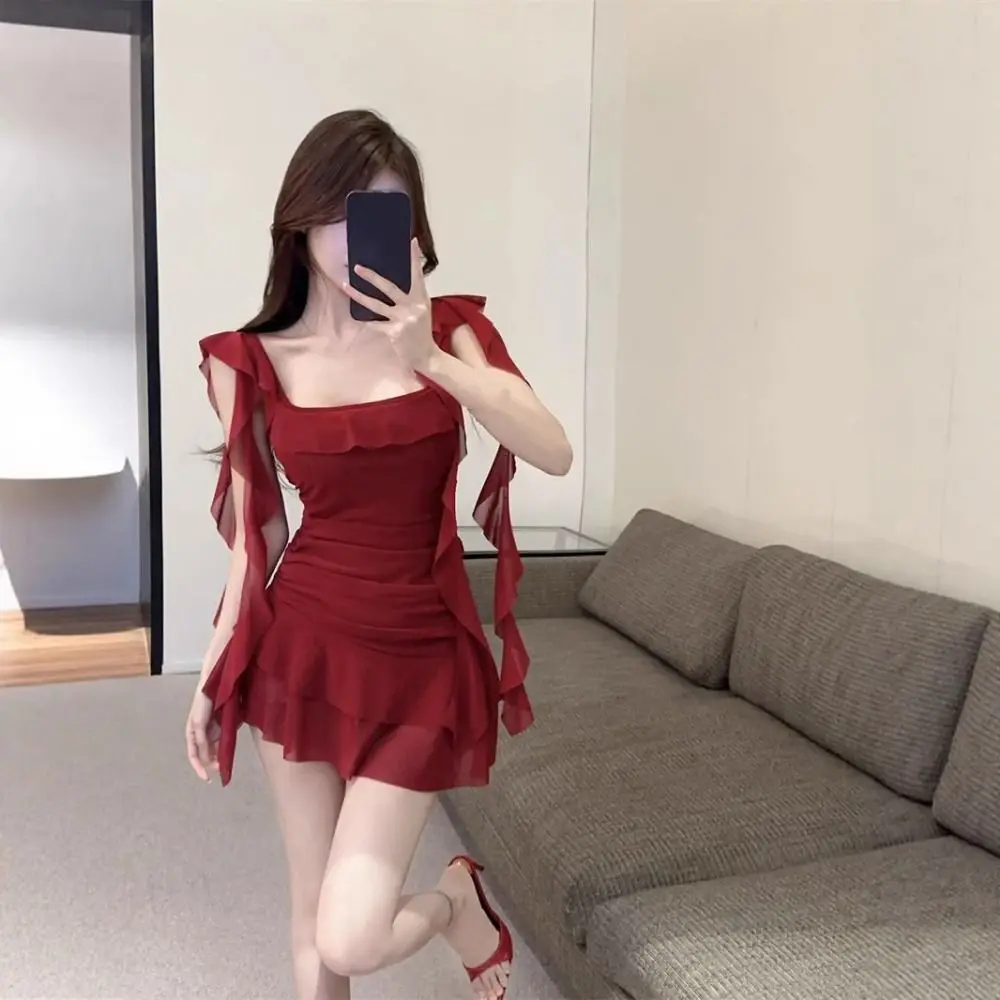 Vestido con borde con volantes y cuello cuadrado, Falda corta sin mangas con temperamento para mujer, ropa de calle ajustada, camisola con cuello Halter, regalo para niñas