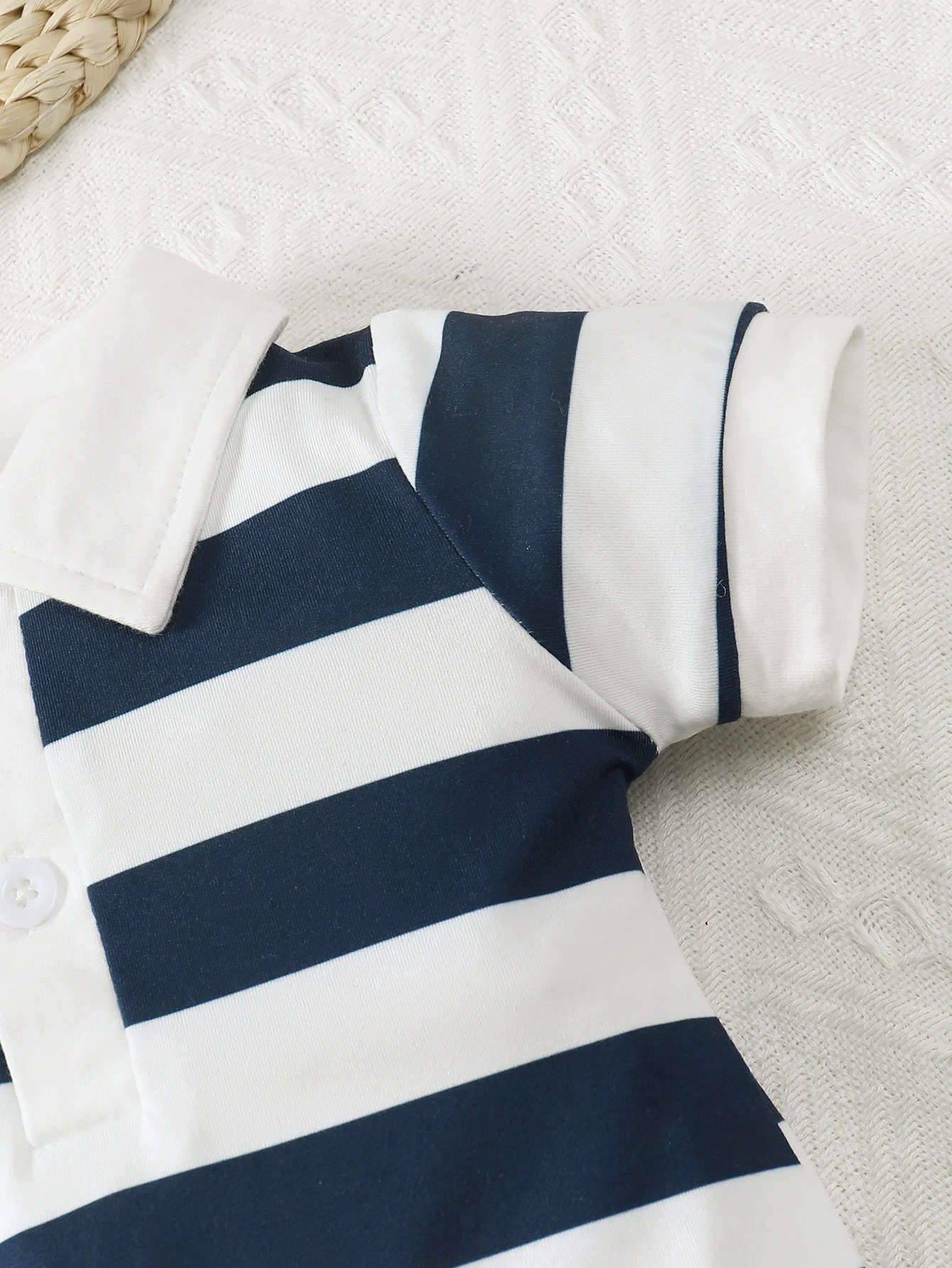 Summer Baby Boy 2pcs Cute Casual Solid Color And Striped Collared Short Sleeve Romper With Button Closure