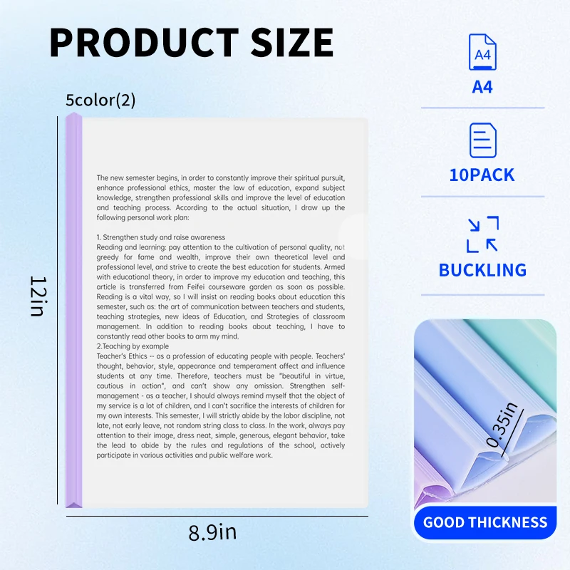 أغطية تقرير القضبان المنزلقة ذات المقبض الثلاثي - تشكيلة من 5 ألوان - 10 قطع، مجلدات مستندات شفافة مقاس A4 والرسائل، سعة 70 ورقة