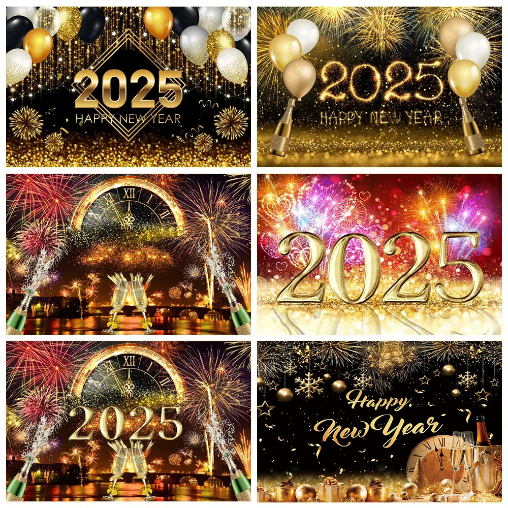 

2025 Happy New Year Backdrop Glitter Fireworks Balloon Clock Window Champagne Glass New Year Party Photography Background Banner