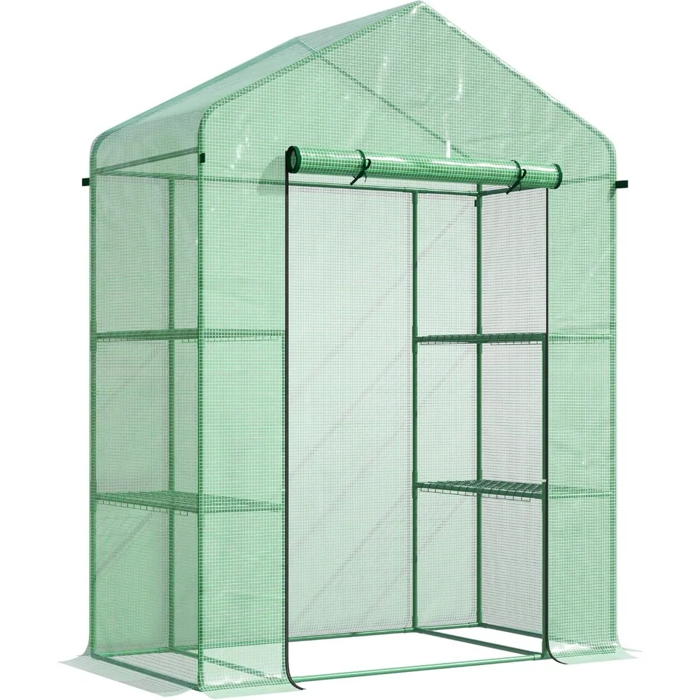 5' x 2.5' x 6.5' Mini Walk-in Greenhouse Kit, Portable Green House with 3 Tier Shelves, Roll-Up Door, and Weatherized PE Cover