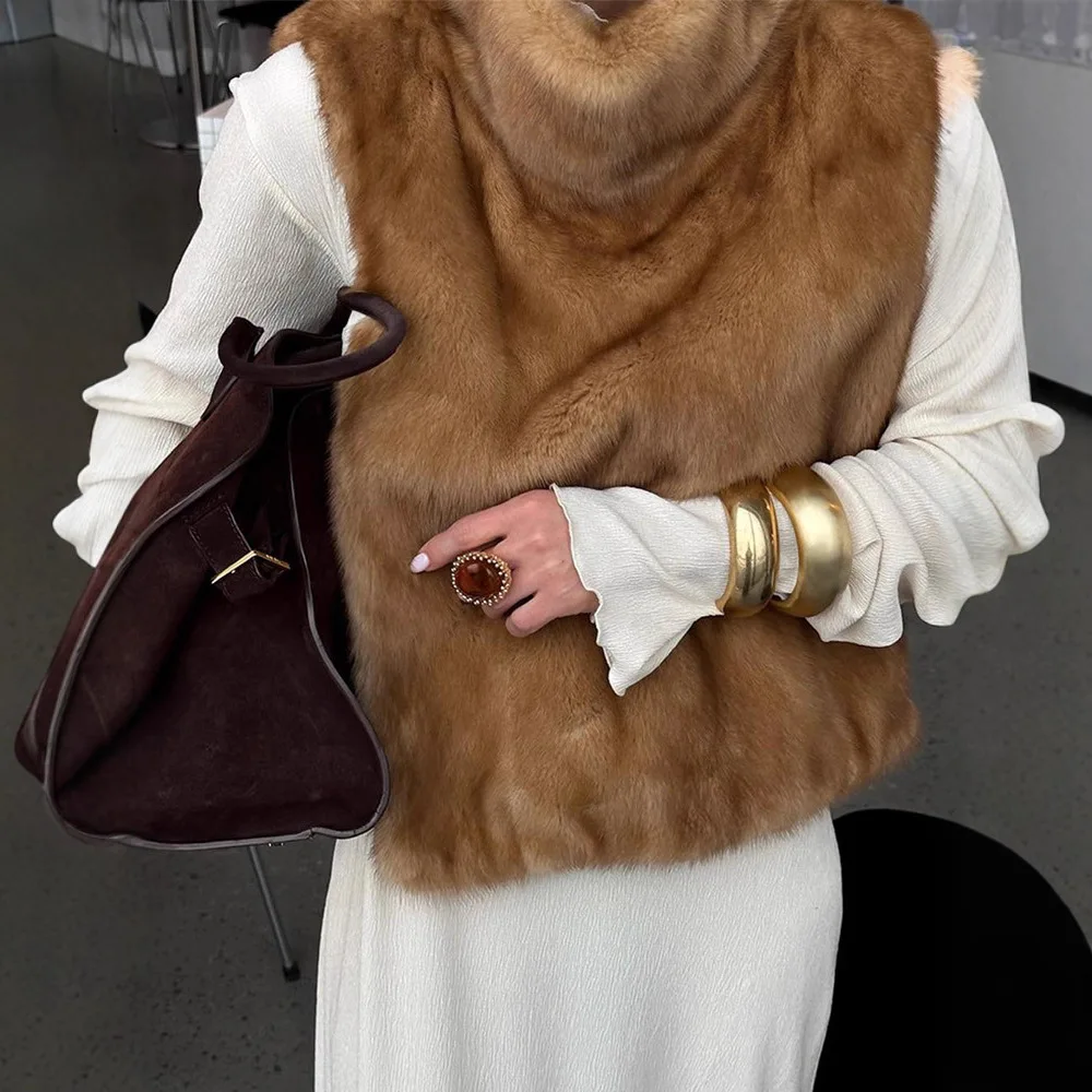 

Сплошной цвет жилет из искусственного меха женский 2025 водолазка без рукавов винтажный шикарный многослойный жилет