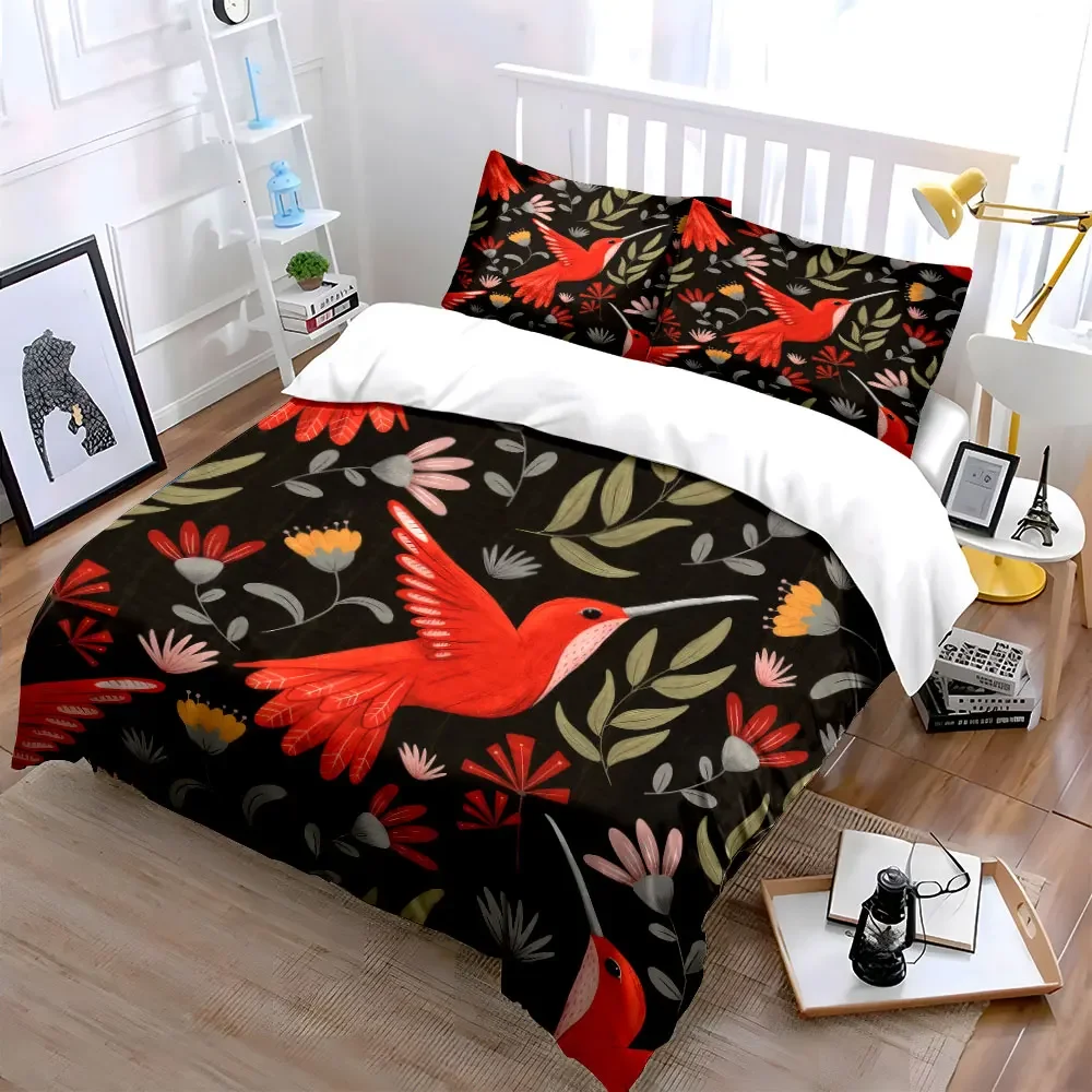 Hummingbird Floral Home Decor Soft Comfortable Duvet Cover Bedding Set Included 1*Duvet Cover & 2*Pillowcases, gift