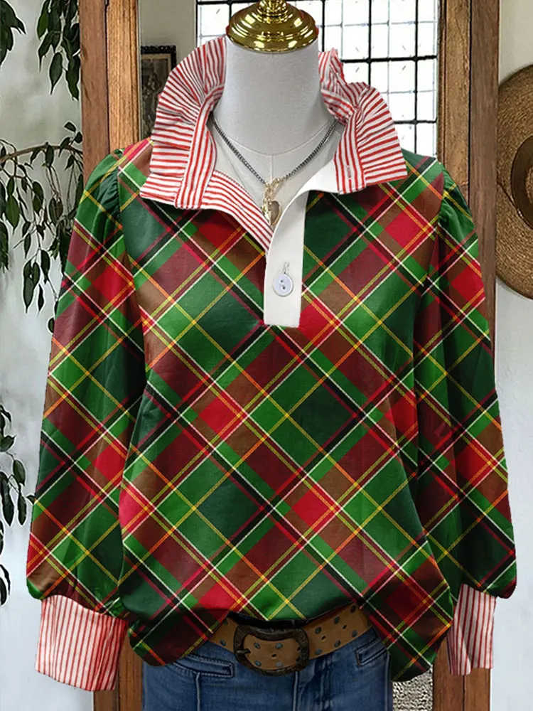 Classic Christmas Plaid Print Stripe Puff Sleeve Shirt