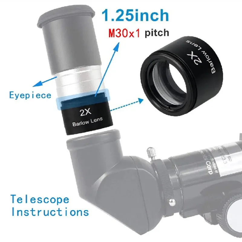 Datyson 1.25 Inch 2X Barlow Lens Fully Coated Optical Glass Telescope Eyepiece Accessory M30*1mm Filter Thread