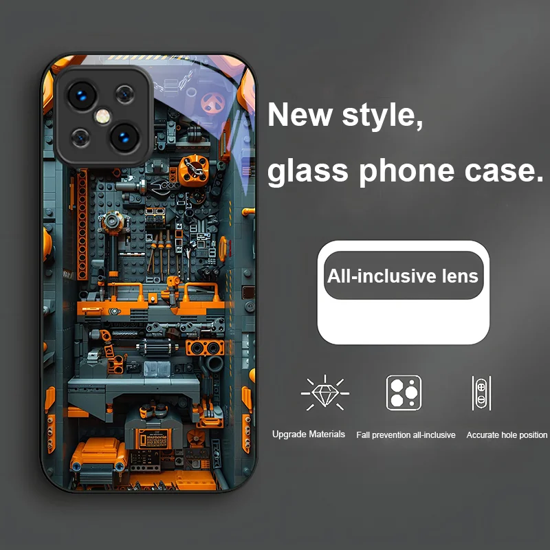 Machine Building Blocks For Find X5 X3 Lite Reno 6 4Z 5G OPPO A72 79 73 58 A54S OnePlus Nord N200 Tempered Glass Phone Case