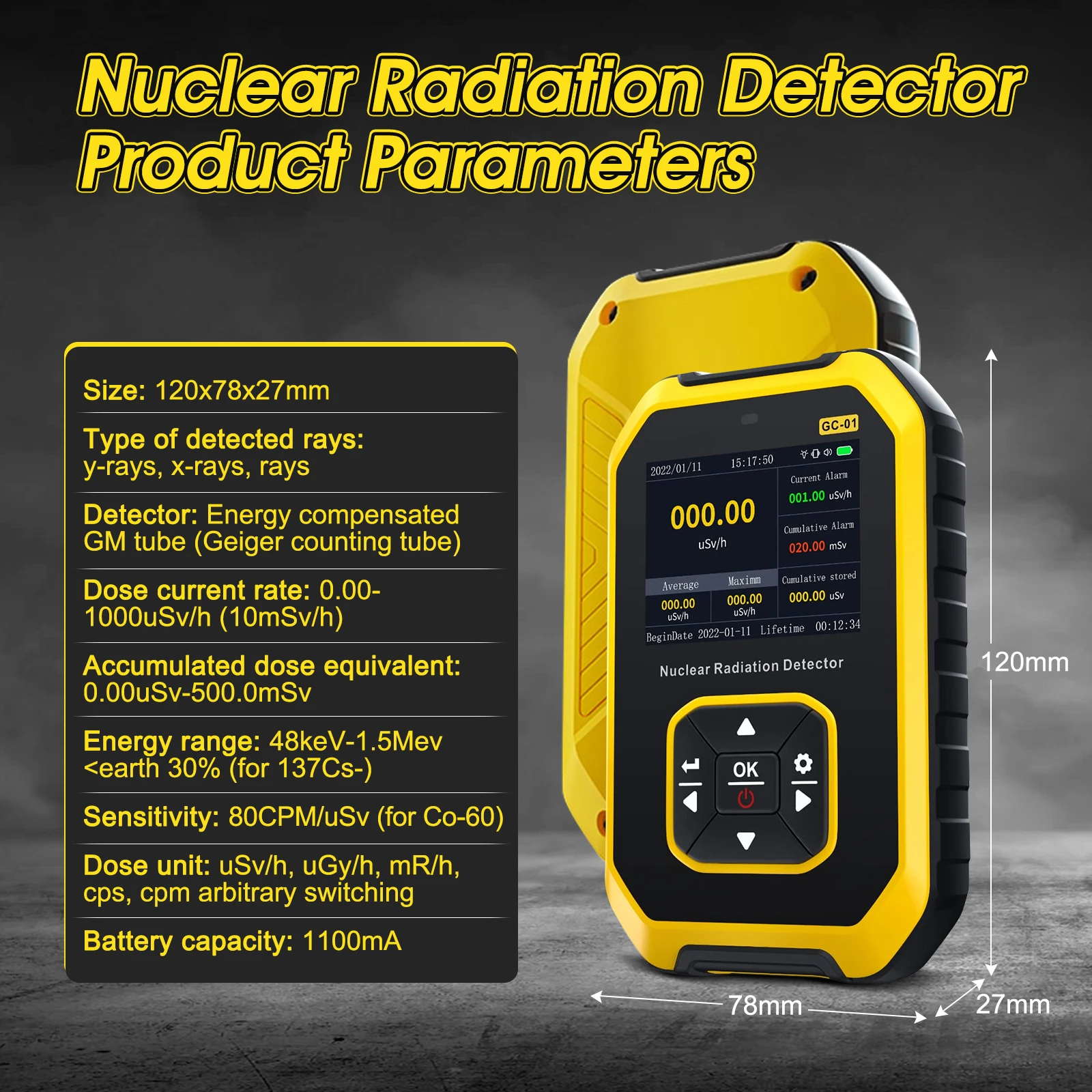 

GC-01 Geiger Counter Nuclear Radiation Detector, Personal Dosimeter for X-ray, Gamma, Beta Rays, Radioactivity & Marble Testing