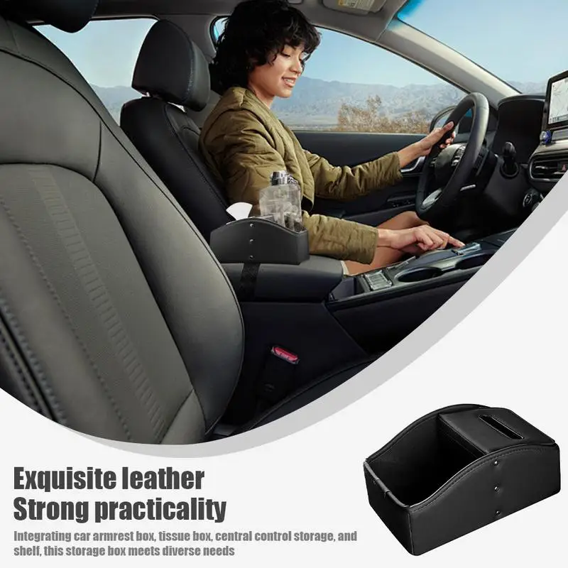 

Car Armrest Storage Box Cup Holder Tissue Box Slot PU Leather Phone Storage Slot For Water Tumbler Paper Towels