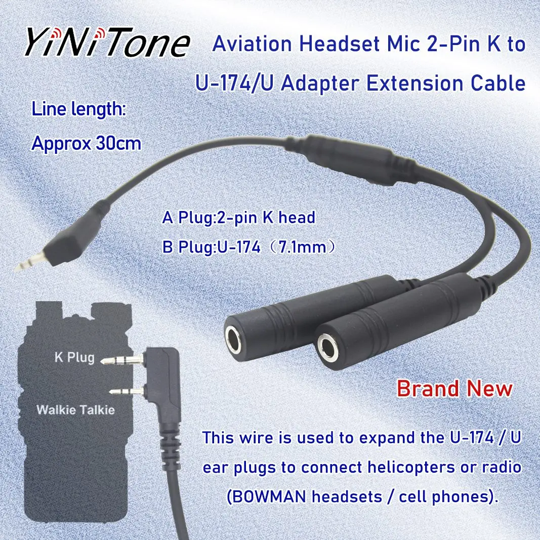 General Aviation Helicopter Adapter 2-Pin K port to U-174 Extension Cable For Kenwood Baofeng Walkie Talkie Radio Headset Mic
