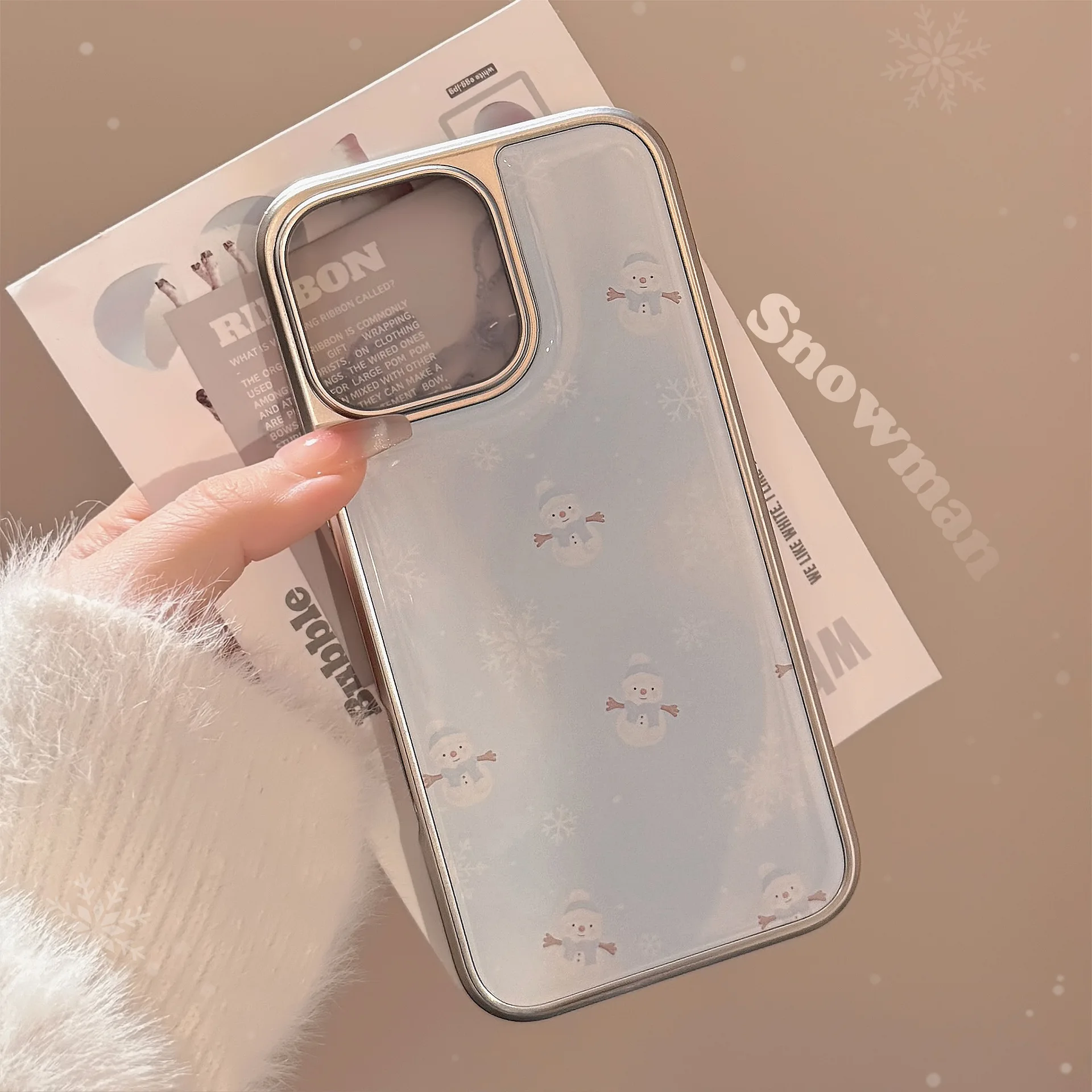 Korean Cartoon Snowflake Snowman Drop Glue Plating Sliver Edge Phone Case For iPhone 17 16 15 14 13 12 Pro Max Shockproof Cover