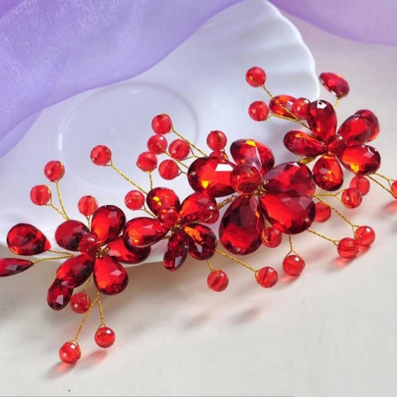 Red Color Crystal Flower Headband Hairband Tiara For Women Rhinestone Bridal Wedding Hair Accessories Jewelry Headband Hairband