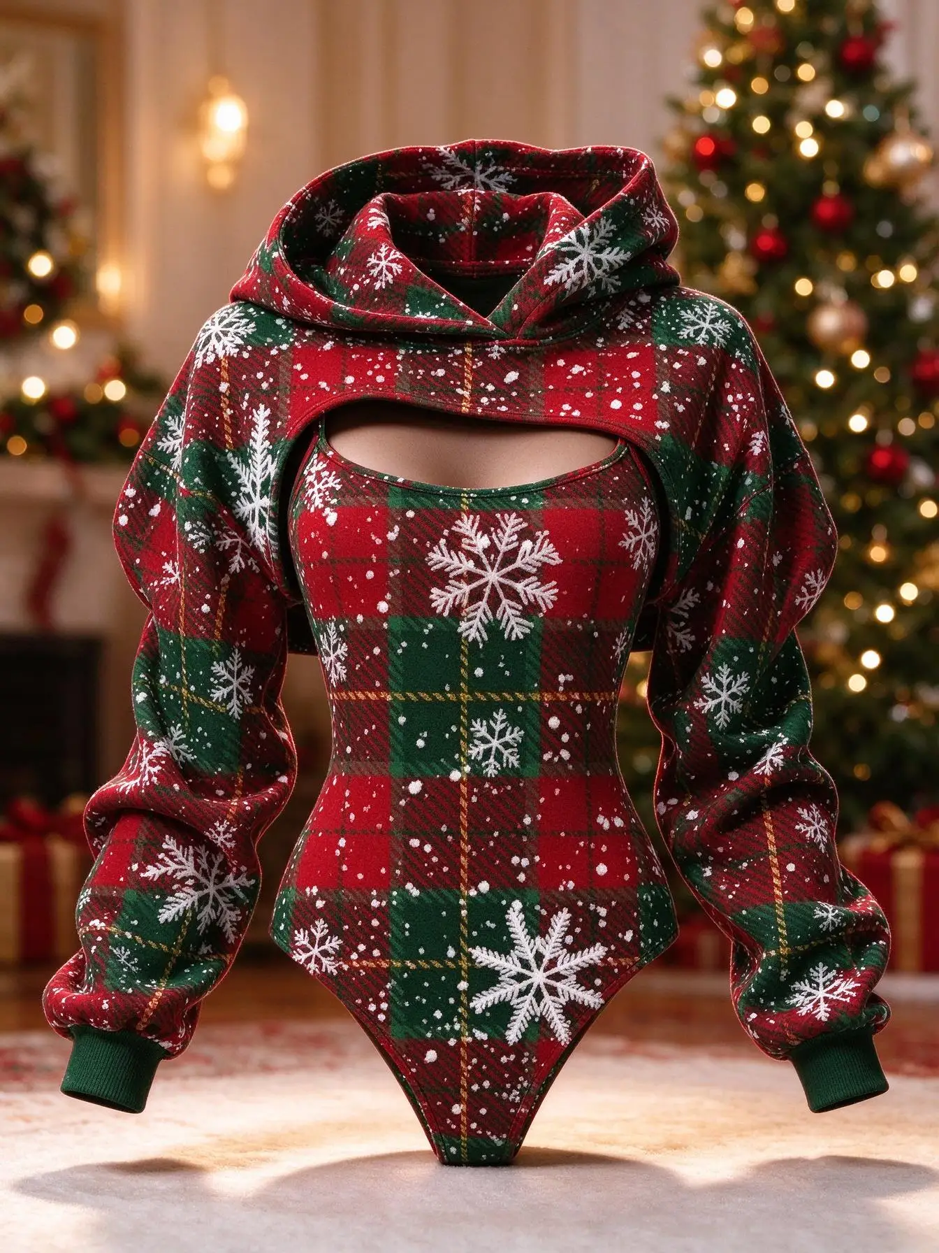 Women Christmas Plaid Snowflake Print 2Pcs Outfit, Long Sleeve Hooded Shrug & Slim Bodysuit Set