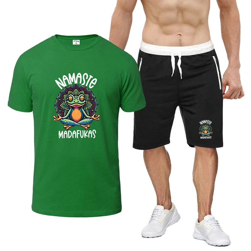 

2025 New Men's Funny Yoga Print Eight Color Short-sleeved Set Casual T-shirt Top + Shorts Summer Beach Thin Suit