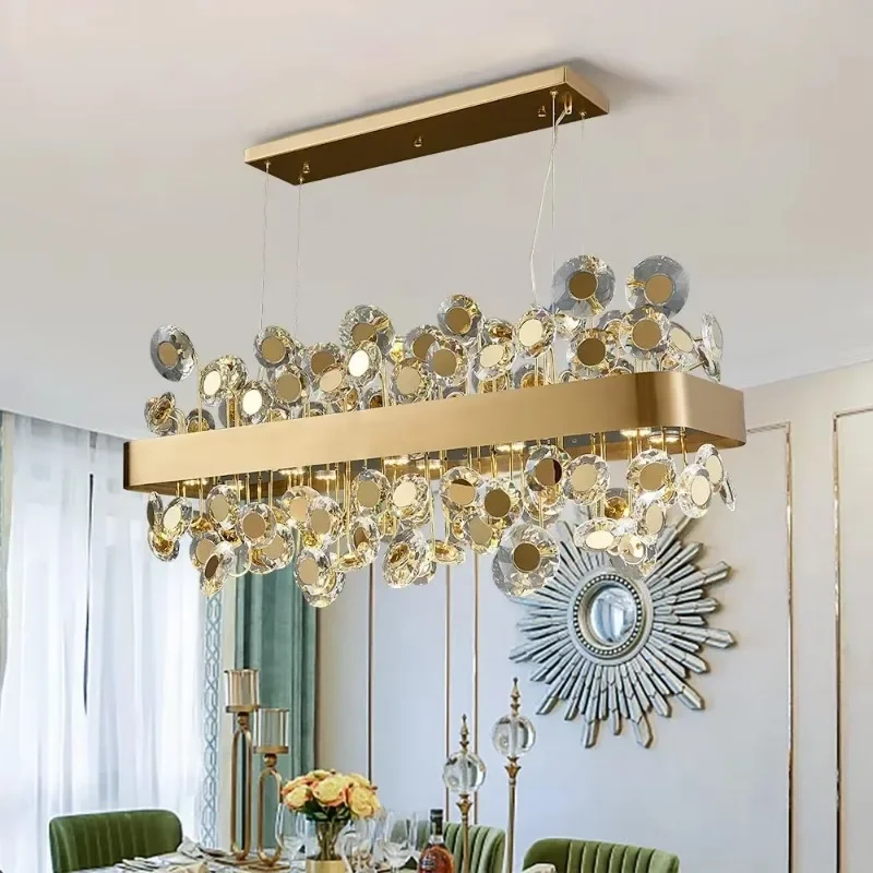 Modern Gold Rectangle Chandelier Led Crystal Pendant Light For Kitchen Island Living Room Restaurant Black Decor Lustre Lamps