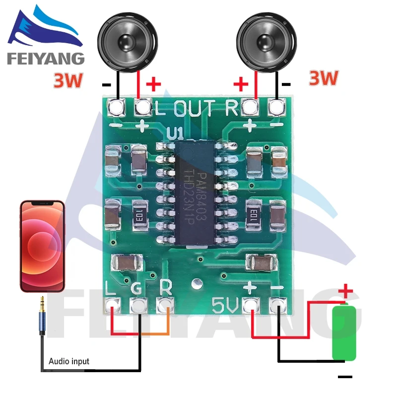 PAM8403 Super mini digital amplifier board 2 * 3W Class D digital amplifier board efficient 2.5 to 5V USB power supply