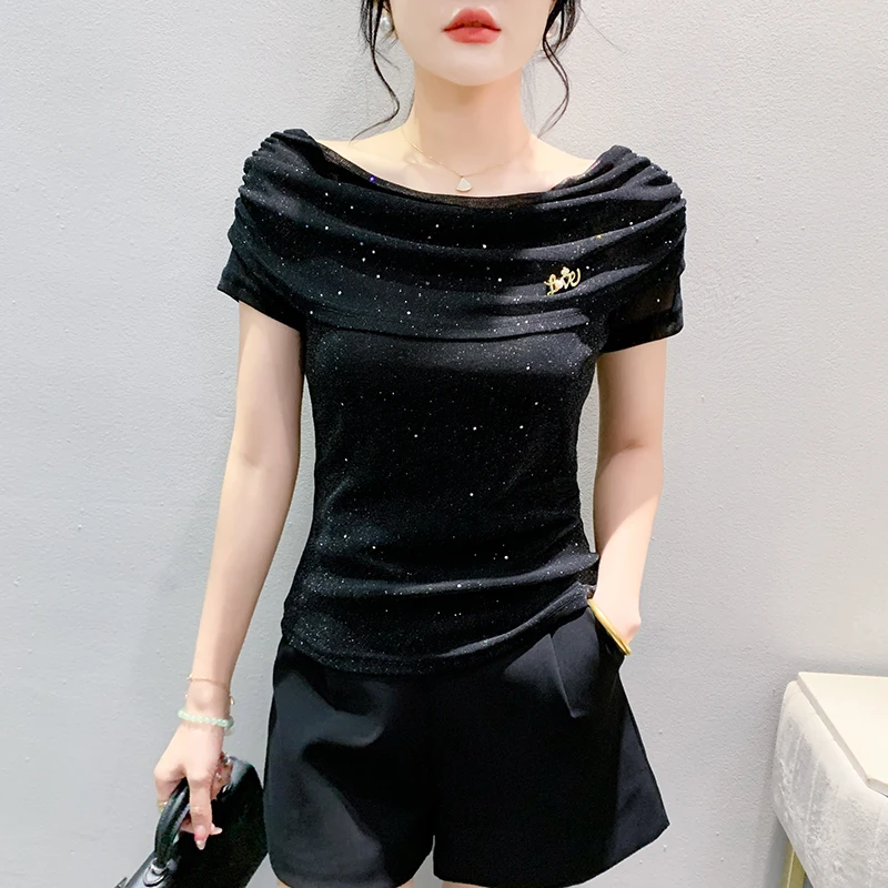 MadBlack European Clothes Tshirts Women Sexy Off Shoulder Shiny Slim Mesh Tops Short Sleeve Tee Pink Summer S-2XL T44669JC