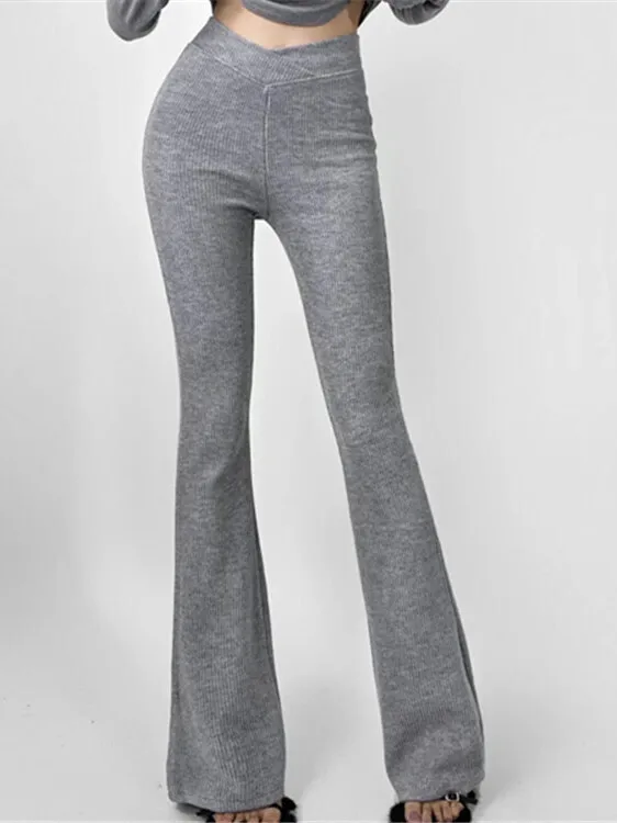 

New 2024 Autumn/winter High Waisted Solid Color Slim Casual Pants Women High Elastic Comfort Knitted Micro Flared Pants 7FB1