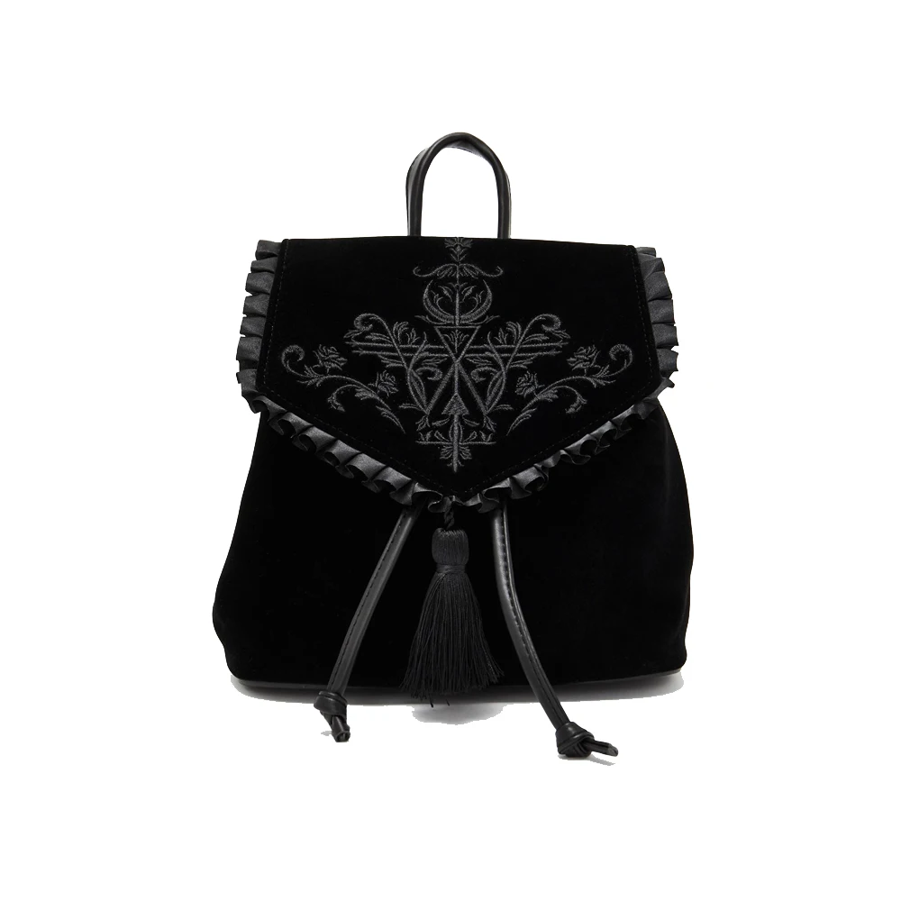 SHELKSBAG القوطية الشرير الصخرة نمط ماجيك المطرزة المخملية حقيبة ظهر صغيرة Y2k السيدات الظهر حزمة سوداء موضة حقائب السفر اليد
