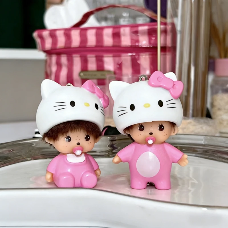 Hello Kitty Monchhichi Vinyl Figure Keychain Cute Anime Keyring Car Bag Pendant Desktop Ornament Wedding Gift for Fans Kids
