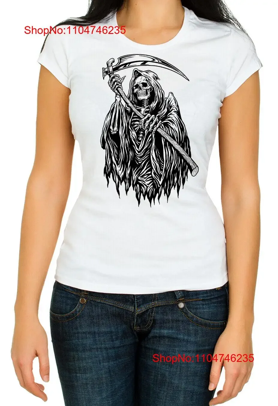 تي شيرت Grim Reaper هيكل عظمي للنساء 3 4 K1013 عتيق مغسول قليلاً ومتعدد الاستخدامات وناعم وأنيق للجنسين ملابس الشارع الشهير