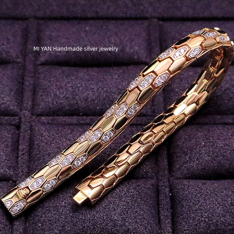 

Snake Bone Color-blocking Bracelet with Diamond Accents, Luxury Rose Gold-Tone Plated 925 Silver Minimalist Bracelet for Women